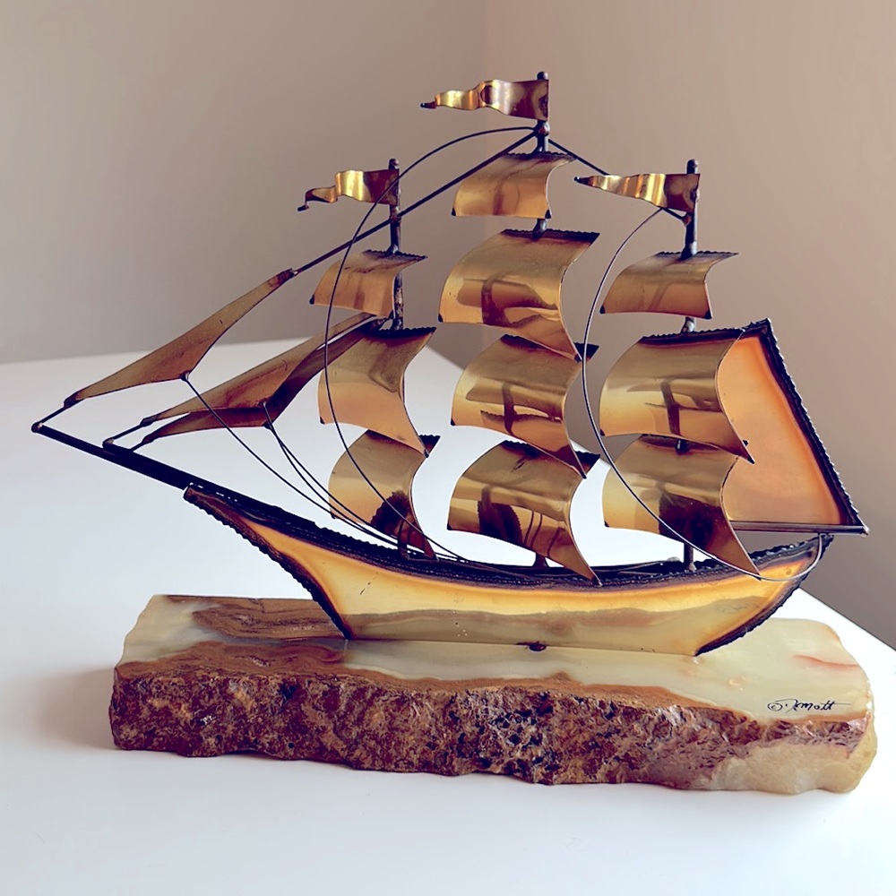 Vintage Brass Ship signed De Mott - onyx base